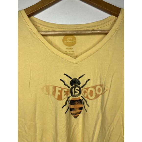 Life is Good Bee Graphic Women's XL Yellow V-Neck T-Shirt - Picture 2 of 6